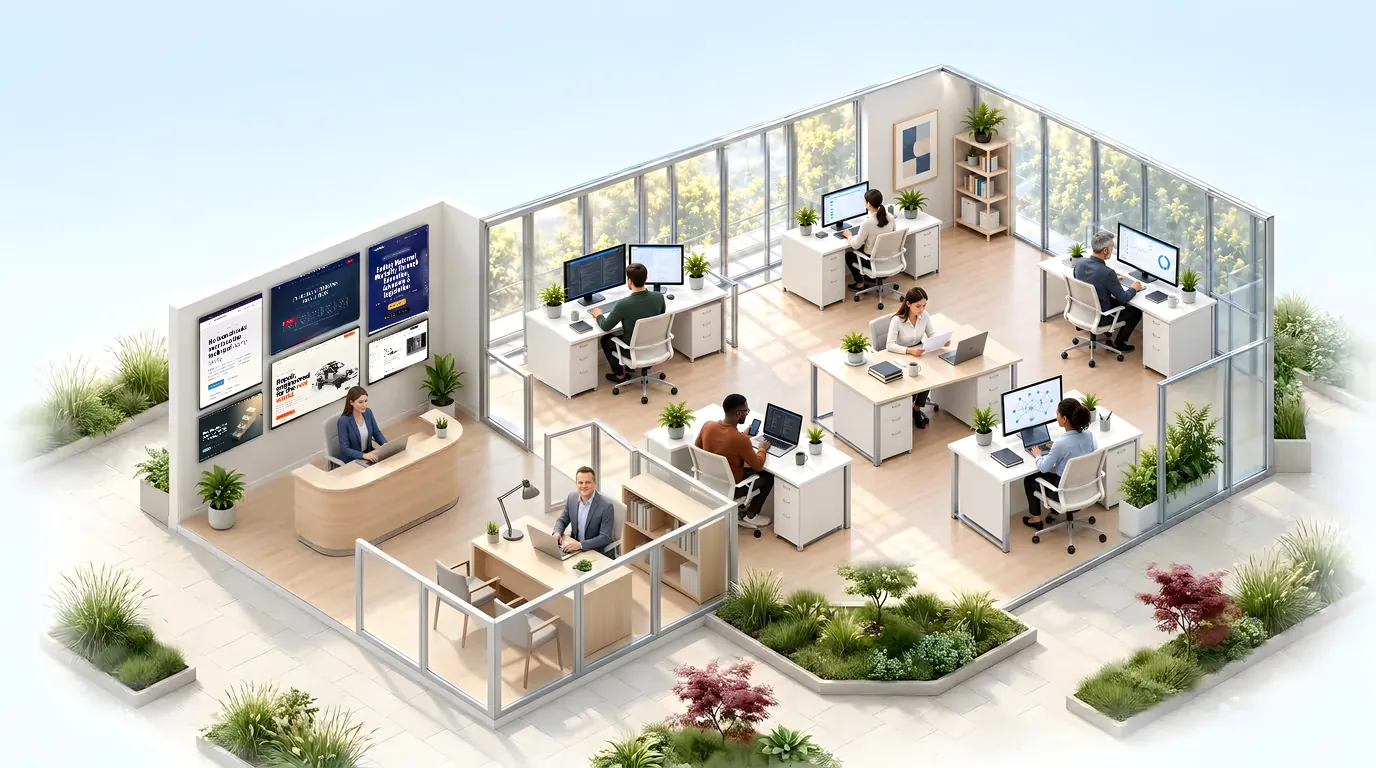 The Vig office seen from above: a front desk with real client and product work framed on the wall, a private office for partnership conversations beside it, and a glass-walled studio where six specialists sit at their desks, with gardens around.